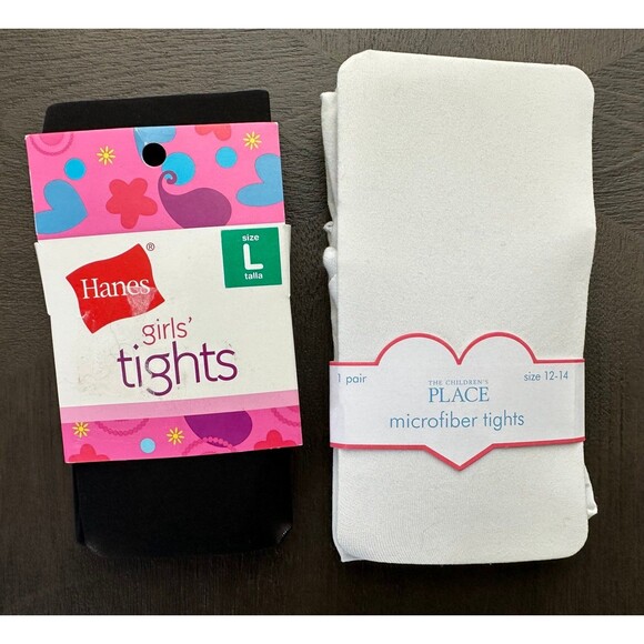 Girls Tights Lot – Hanes Black & The Children’s Place Size 12-14 White NWT - Picture 1 of 5